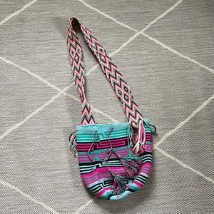 Authentic Wayuu bag / blue, black, pink color / multicolored strap/ Size L
